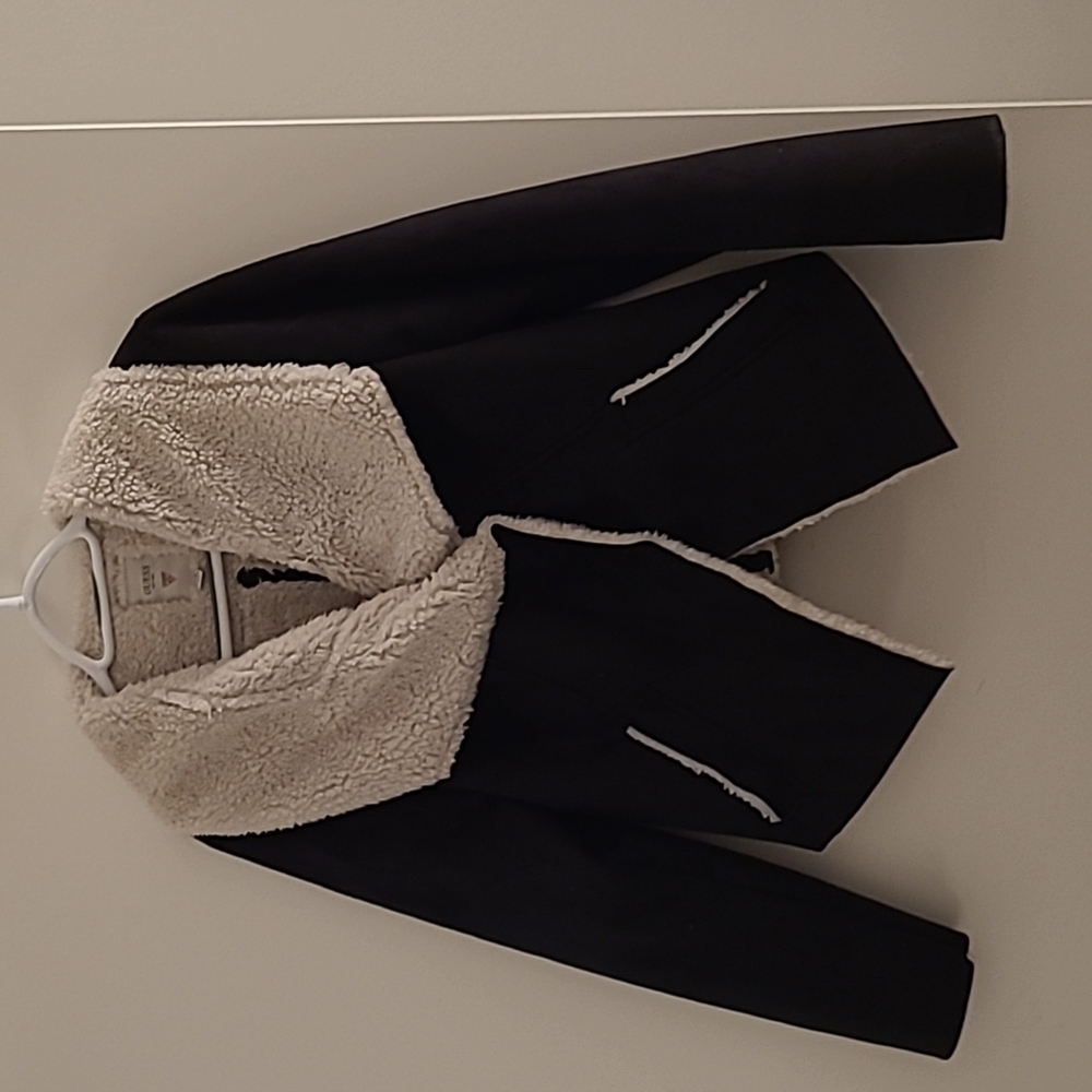 Guess Black Sherpa Moto Jacket with Pockets with Asymmetrical Design in Size L